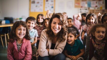 A Joyous Scene: Smiling Children and Teacher in a Classroom - Powered by Adobe