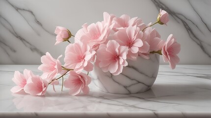 pink flowers on white marble background.