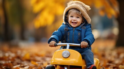a young child riding a little car through the leaves in the fall