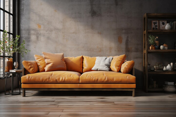 Living room home interior background. Empty grange brown wall with yellow sofa mock up - obrazy, fototapety, plakaty