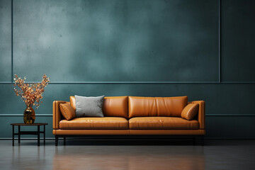 Living room home interior background. Empty teal wall with yellow sofa mock up