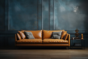 Living room home interior background. Empty teal wall with yellow sofa mock up