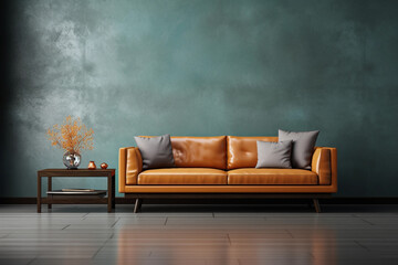 Living room home interior background. Empty teal wall with yellow sofa mock up - obrazy, fototapety, plakaty