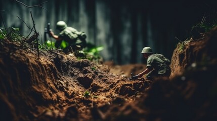 Miniature figures of soldiers are set in the forest and simulate a battle. Fully equipped soldiers with rifles. Set of military toys. Illustration for a banner, poster, cover, brochure or presentation - obrazy, fototapety, plakaty