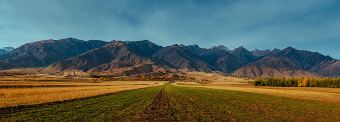 Beautiful panoramic landscape with agricultural field on mountains background in autumn