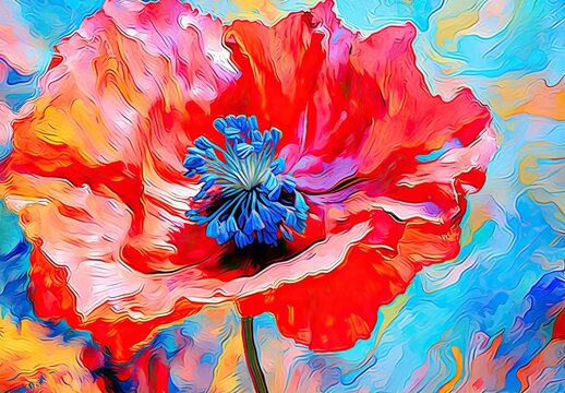 Close-up of a beautiful single red poppy flower. Digital art in watercolor style. Illustration for cover, interior design, decor, packaging, invitations, print.