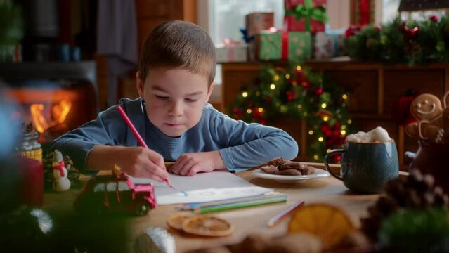 little diligent boy writes a letter with wish list to santa claus using color pencils and bites cookies with milk. christmas decorations, fir tree branches, flashing lights and fireplace on background