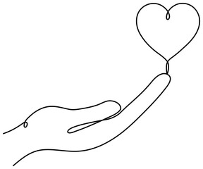 Hand holding heart continuous one line drawing. Charity donation linear concept. Vector isolated on white.