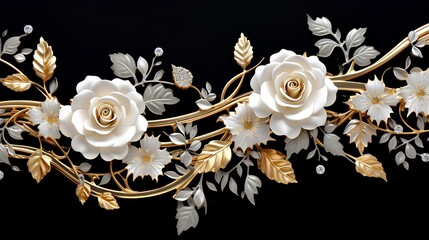 white roses and gold leaves on a black background