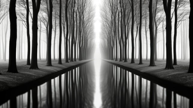  a black and white photo of trees and a body of water.  generative ai