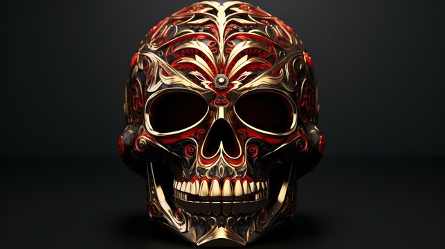 a gold and red skull with intricate designs
