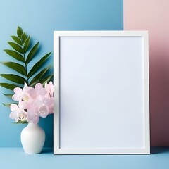 blank white frame with pink orchid on blue and pink background
