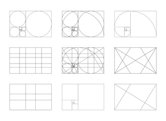 Golden ratio template set. Method golden section. Fibonacci array, numbers. Harmony proportions. Outline vector graphic illustration.  - obrazy, fototapety, plakaty