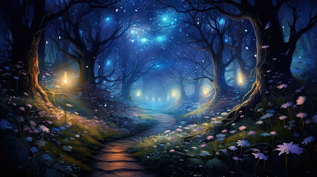  a painting of a path leading to a forest with stars in the sky.  generative ai