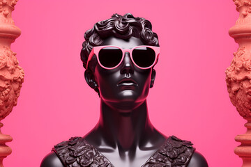 Antique statue head in colorful pink sunglasses isolated on a bright pink color background. Trendy collage in magazine style. Contemporary art. Modern creative design