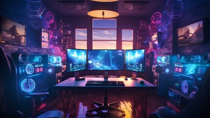 room of gamers and computers decorated with lights