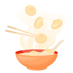 Wonton soup, Chinese food. Vector illustration. Dim sim dumplings for a couple. Asian cuisine. Isolated on a white background.