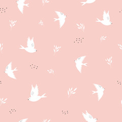 Seamless pattern with hand drawn swallows on pink background