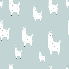 Fototapeta premium Seamless pattern with hand drawn llamas on green background