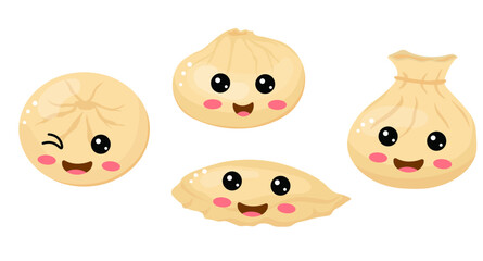 kawaii food.  Cute funny happy Dim Sum . Traditional Chinese dumplings. Vector stock illustration.  isolated on white. 