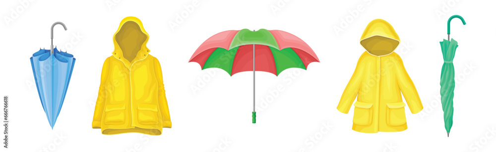 Poster rain clothes and accessories with coat and umbrella vector set