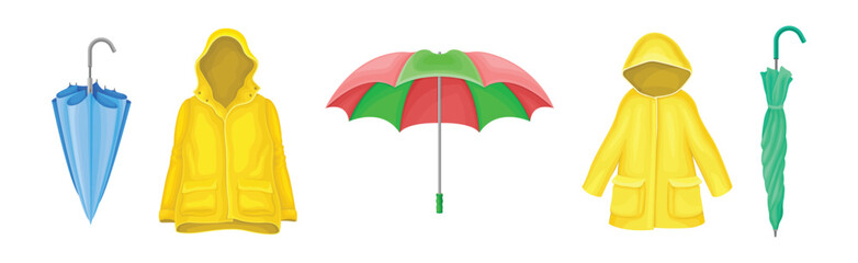 Rain Clothes and Accessories with Coat and Umbrella Vector Set