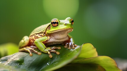 Obraz premium a frog is sitting on a leaf on the water