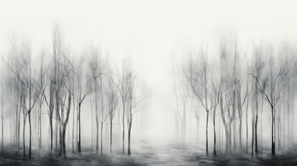  a black and white photo of trees in the foggy woods.  generative ai