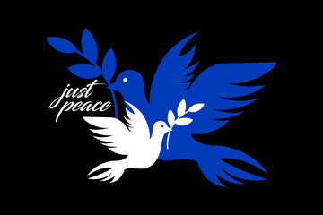 Obraz premium Israel vs Palestine peace concept. White pigeon hangs olive branch with ''no war'' text concept.