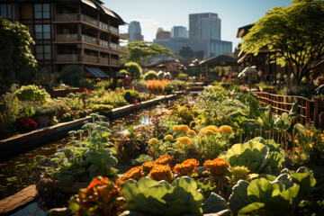 Fototapeta premium A vibrant urban garden filled with fresh produce, representing sustainable agriculture initiatives aimed at alleviating hunger and poverty. Generative Ai.