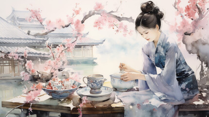 Oriental female concept art, asian style woman beautiful illustration painting - obrazy, fototapety, plakaty