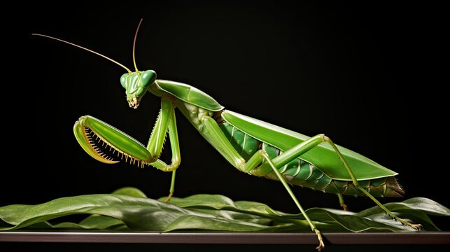  a close up of a praying mantissa on a table.  generative ai