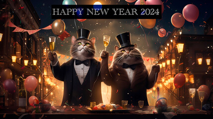 New Year's party 2024 with two cats toasting - obrazy, fototapety, plakaty