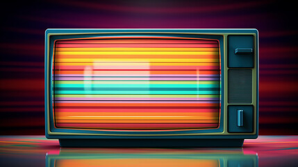 A vintage TV displaying vibrant horizontal lines