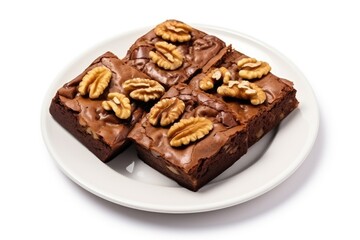 Decadent pecan-topped brownies served on a white plate.