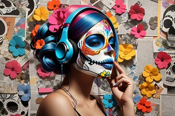 portrait of a woman in carnival mask,generative,AI,generative AI,colorfull sugar skull girl listen to music