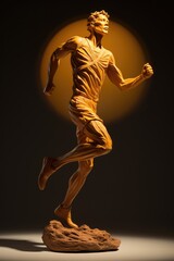 A golden statue of a man mid-stride on a rocky base.