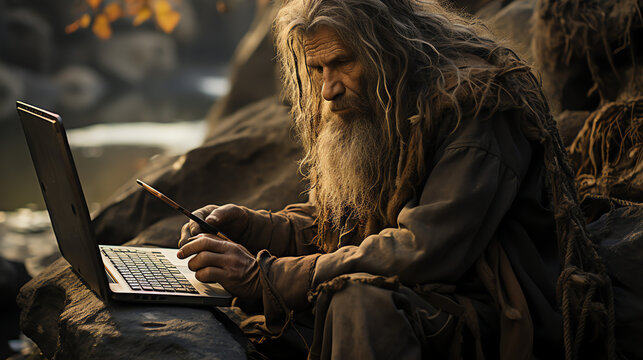 Alter Mann im Mittelalter mit Laptop und Smartphone