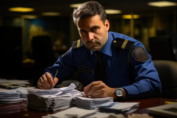 Obraz premium A customs officer reviewing travel documents, ensuring the orderly and lawful flow of international migration. Generative Ai.