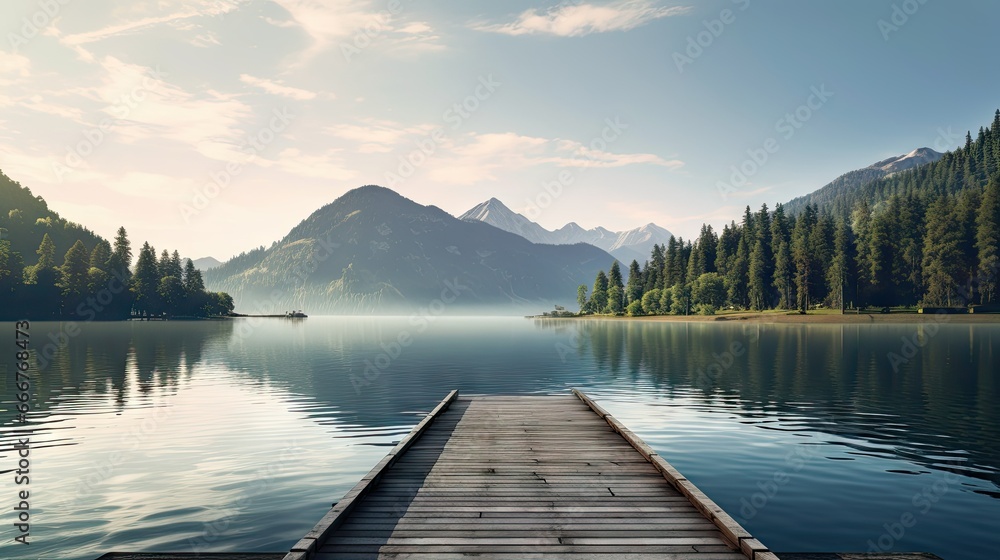 Sticker  a dock on a lake with a mountain in the background.  generative ai