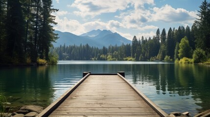  a wooden dock on a lake with mountains in the background.  generative ai