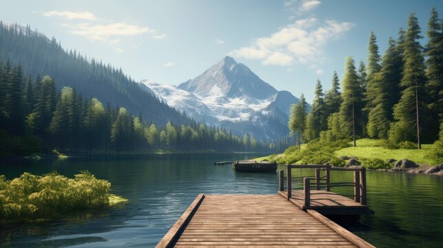  a painting of a mountain lake with a dock in the foreground.  generative ai