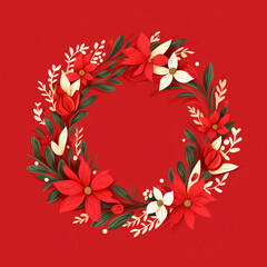 illustration of Christmas wreath on red background. Created with Generative AI
