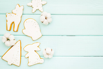 White Christmas gingerbread cookies. New Year background