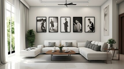 Fototapeta na wymiar a modern living room with white furniture and pictures
