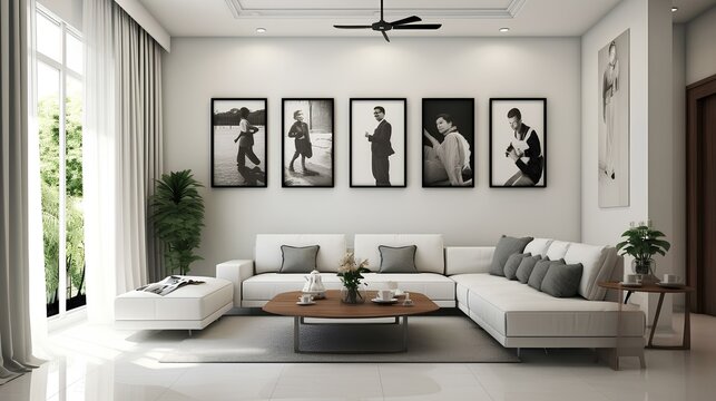 a modern living room with white furniture and pictures