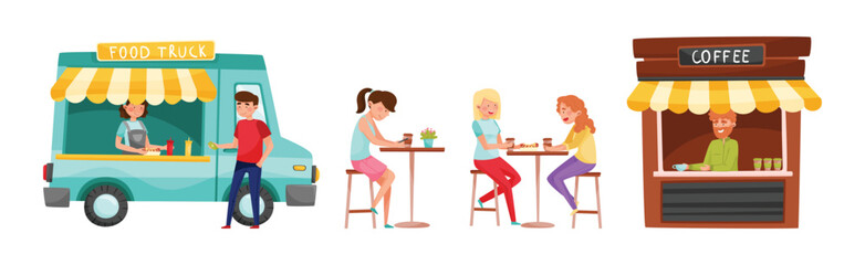 People Character Eating Street Food at Cafe Outdoor Vector Set