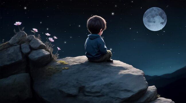 Little Boy Sitting on Rock Watching the Night Sky with moon,3D Lofi Animation
