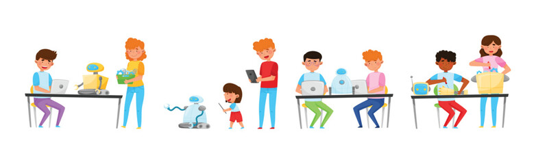 Children and Teenagers Engineering Robots Vector Illustration Set