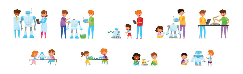 Children and Teenagers Engineering Robots Vector Illustration Set